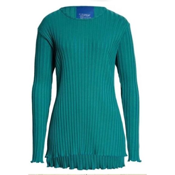 Simon Miller Oz Long Sleeve Ribbed Knit T in Teal NWT Size Large - Picture 1 of 9